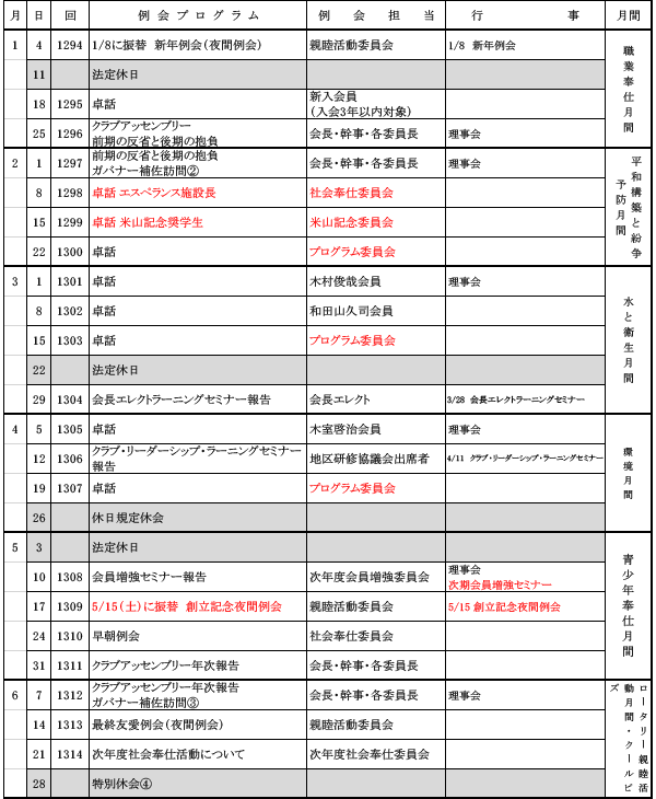 2026-2027年度（後期）例会スケジュール